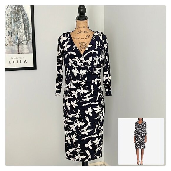 Lauren by Ralph Lauren Women's Floral Faux Wrap Side Ruching Jersey Dress Sz 10 - Picture 1 of 12